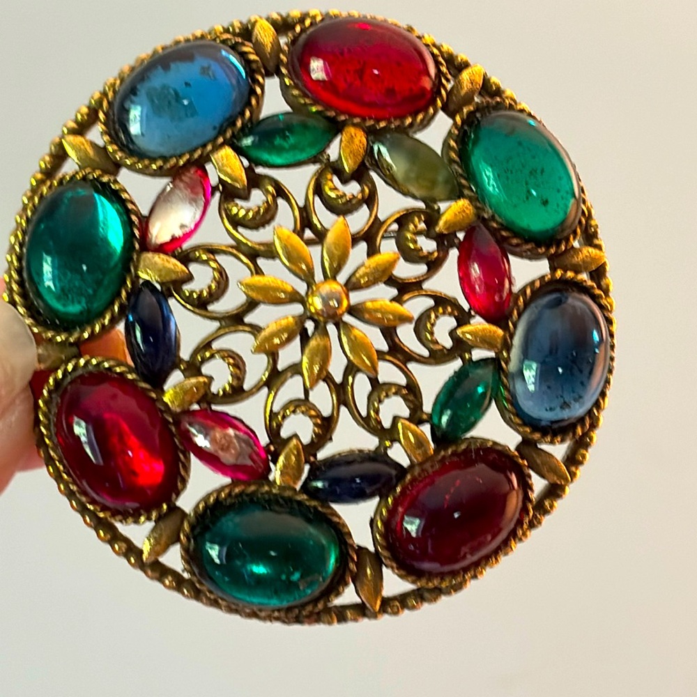 Beautiful signed corocraft Vintage large colorful jewel brooch!!